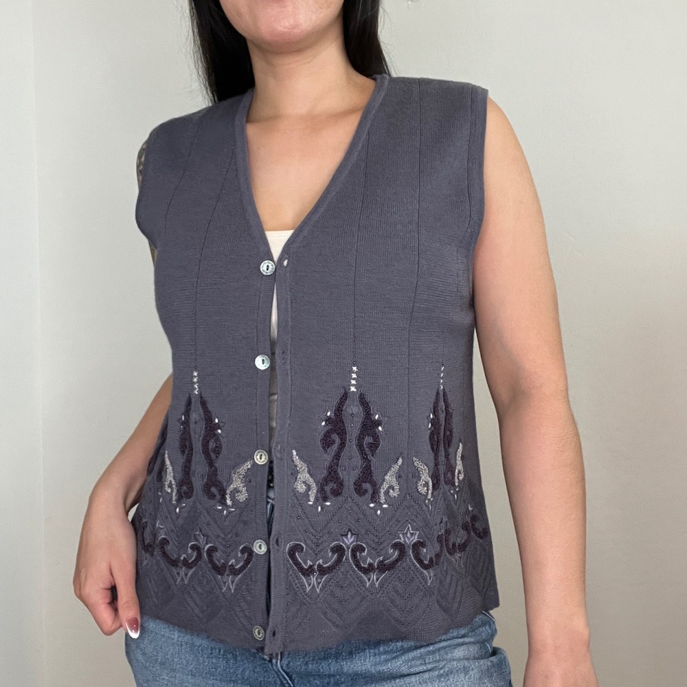 90s Koret‎ Petites Vintage Purple Embroidered Button Wool Blend Sweater Vest - Picture 5 of 11